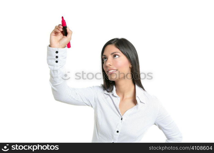 Brunette businesswoman writing on a copyspace virtual screen