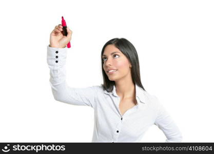 Brunette businesswoman writing on a copyspace virtual screen