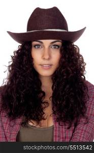 Brunette cowgirl isolated on a over white