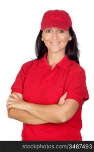 Brunette dealer with red uniform isolated over white background