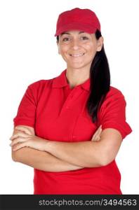 Brunette dealer with red uniform isolated over white background