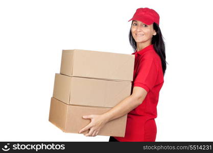 Brunette dealer with red uniform isolated over white background