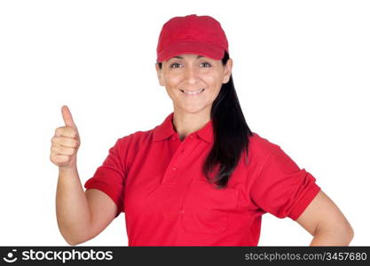 Brunette dealer with red uniform saying OK isolated over white background