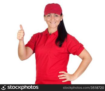 Brunette dealer with red uniform saying OK isolated over white background