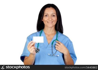 Brunette doctor with a blank card isolated on white background