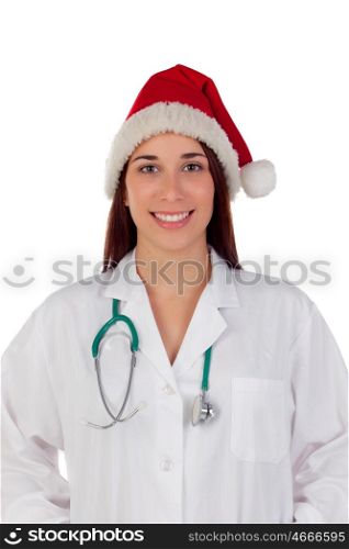 Brunette doctor with Christmas hat isolated on a white background
