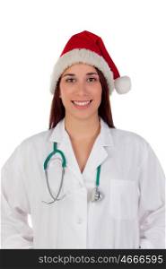 Brunette doctor with Christmas hat isolated on a white background