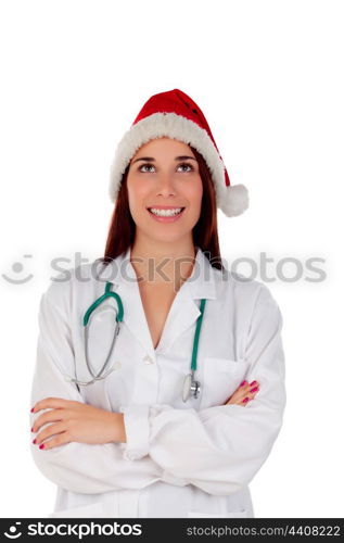 Brunette doctor with Christmas hat thinking isolated on a white background