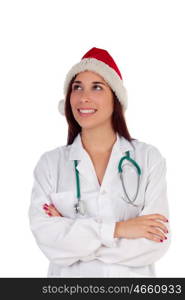 Brunette doctor with Christmas hat thinking isolated on a white background