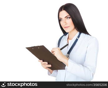 brunette doctor writing to folder on white background