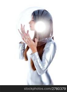 brunette futuristic silver woman profile with sphere glass helmet