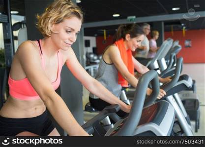 brunette girl and other females working out in sport club