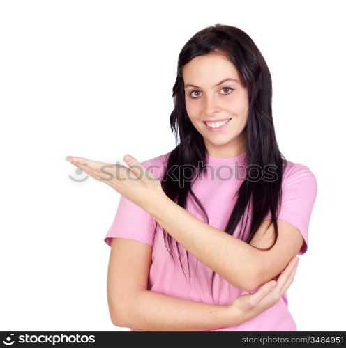 Brunette girl indicating with the hand isolated on a over white background