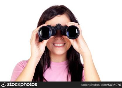 Brunette girl looking through binoculars isolated on a over white background