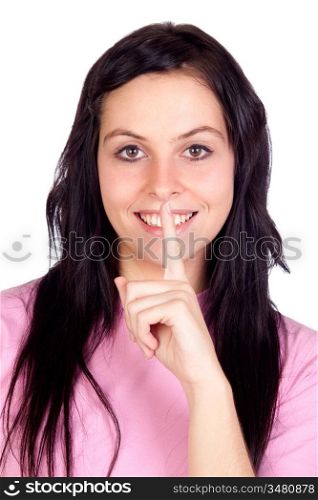 Brunette girl ordering silence isolated on a over white background