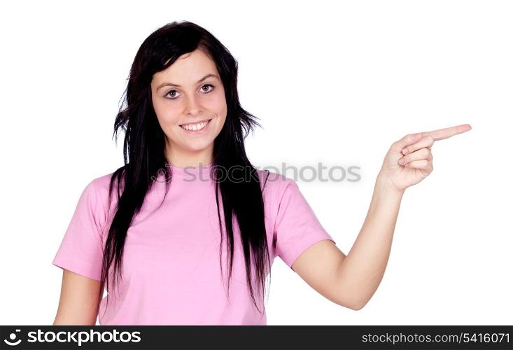 Brunette girl pointing isolated on a over white background
