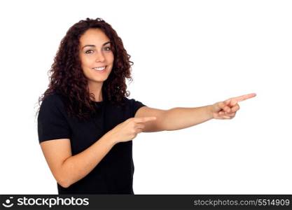 Brunette girl pointing something isolated on white background