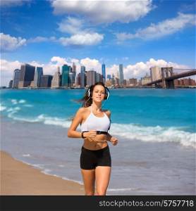 Brunette girl running in New York Brooklyn bridge photo mount