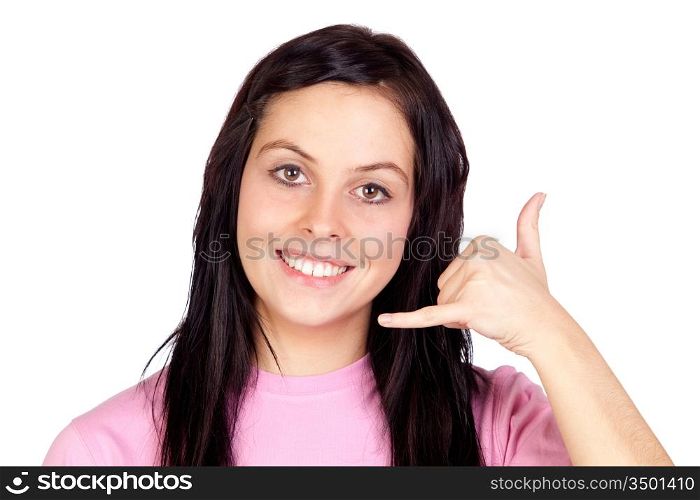 Brunette girl saying &acute;Call me at phone&acute; isolated on a over white background