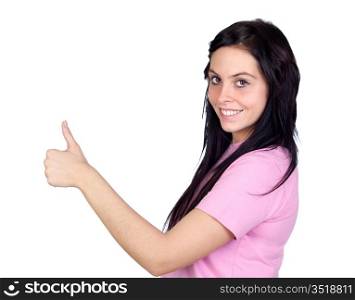 Brunette girl saying Ok isolated on a over white background