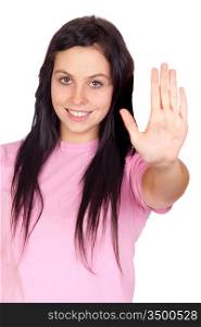 Brunette girl saying stop isolated on a over white background
