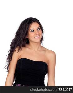 Brunette girl showing her shoulders with a black dress isolated on white background