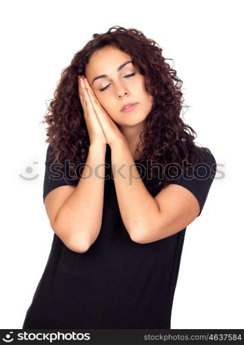 Brunette girl sleeps isolated on white background