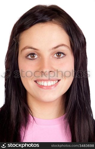 Brunette girl smiling isolated on a over white background