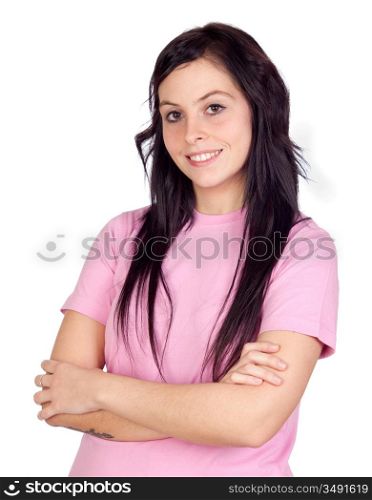 Brunette girl smiling isolated on a over white background