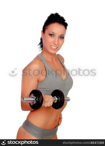 Brunette girl stimulating their fitness with dumbells isolated on white background