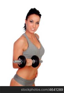 Brunette girl stimulating their fitness with dumbells isolated on white background