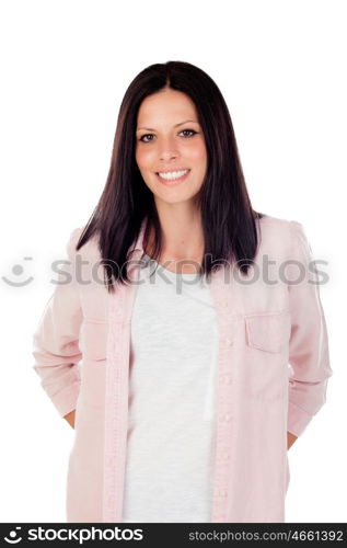 Brunette girl with a beautiful smile looking at camera isolated on a white background