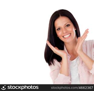 Brunette girl with a beautiful smile looking at camera isolated on a white background