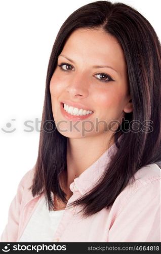 Brunette girl with a beautiful smile looking at camera isolated on a white background