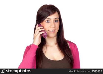 Brunette girl with a phone on a over white background