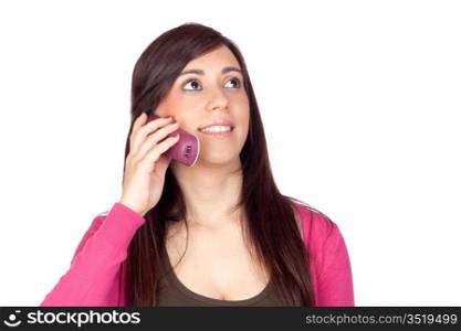 Brunette girl with a phone on a over white background