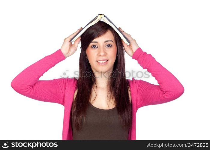 Brunette girl with a reader isolated on a over white background