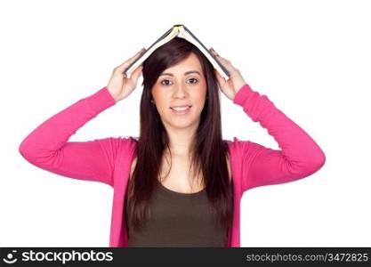 Brunette girl with a reader isolated on a over white background