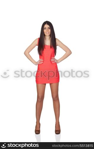 Brunette girl with a red dress isolated on white background