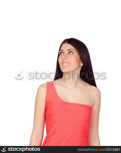 Brunette girl with a red dress looking up isolated on white background