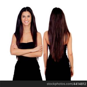 Brunette girl with black dress front and back isolated on a white background