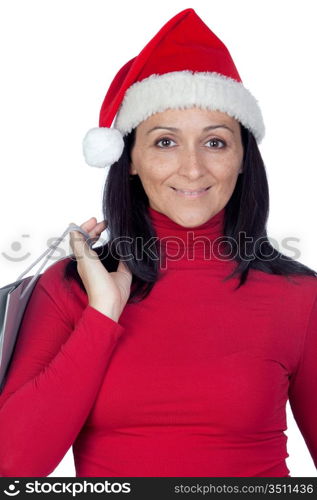 Brunette girl with Christmas hat goes shopping on a over white background