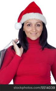 Brunette girl with Christmas hat goes shopping on a over white background