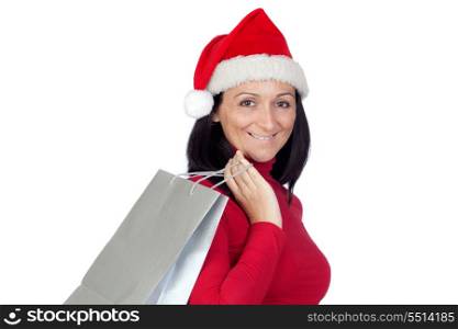 Brunette girl with Christmas hat goes shopping on a over white background