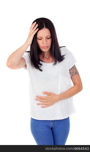 Brunette girl with headache isolated on a white background