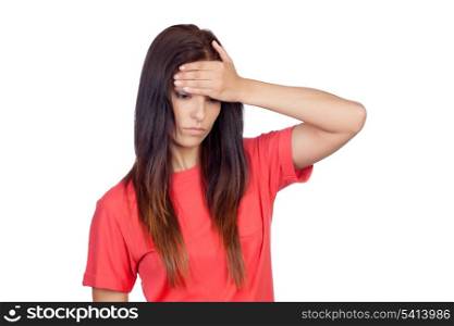 Brunette girl with headache isolated on a white background