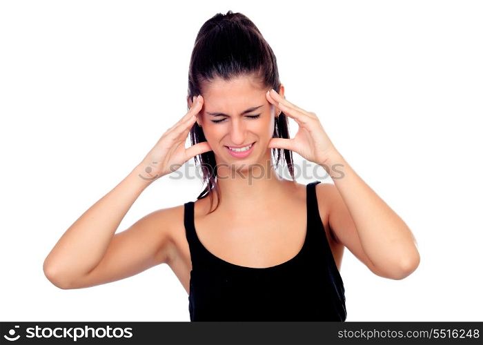 Brunette girl with headache isolated on a white background