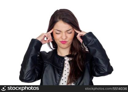 Brunette girl with headache isolated on white background