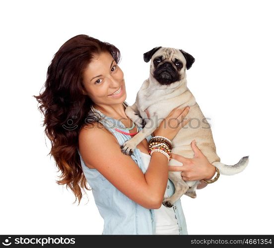 Brunette girl with her pug dog isolated on white background