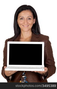 Brunette girl with laptop isolated on white background